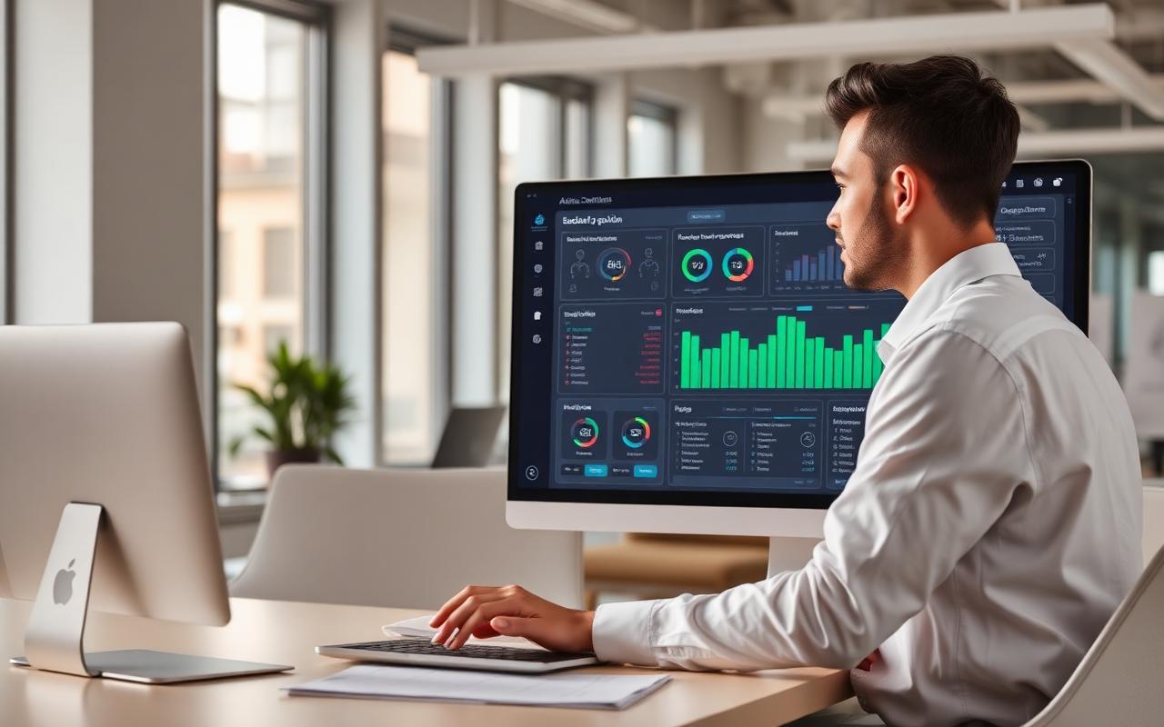 AI automation consultant reviewing an automation dashboard in a modern office