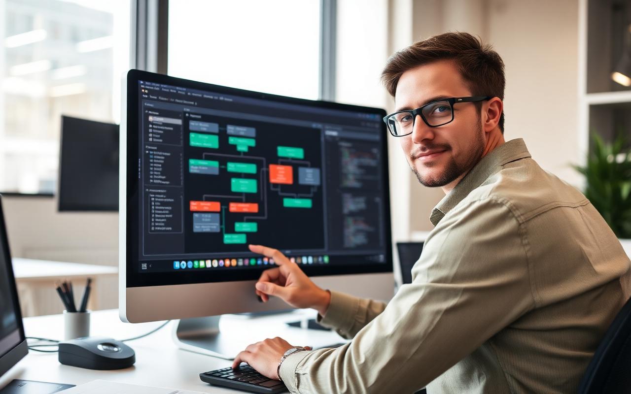 Automation specialist building a CRM workflow diagram on a desktop screen