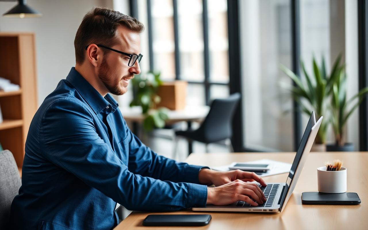 CRM specialist configuring customer relationship management software on a laptop
