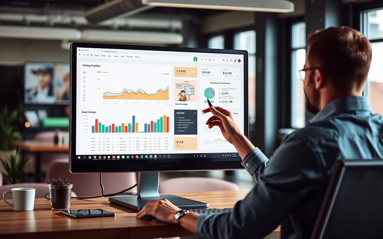 Digital marketer analysing a Facebook ads campaign dashboard on a desktop monitor