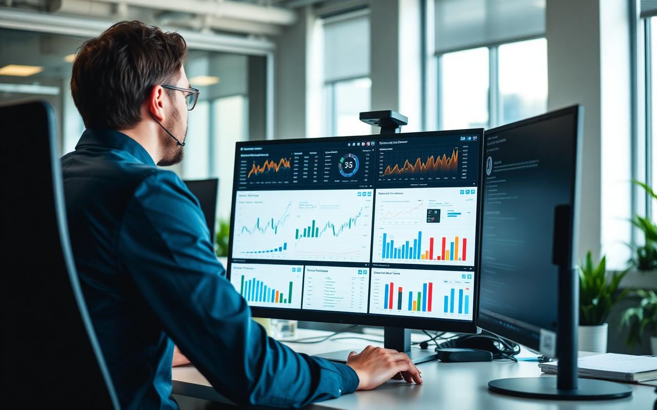 Business analyst optimising Google Ads performance on a large analytics monitor