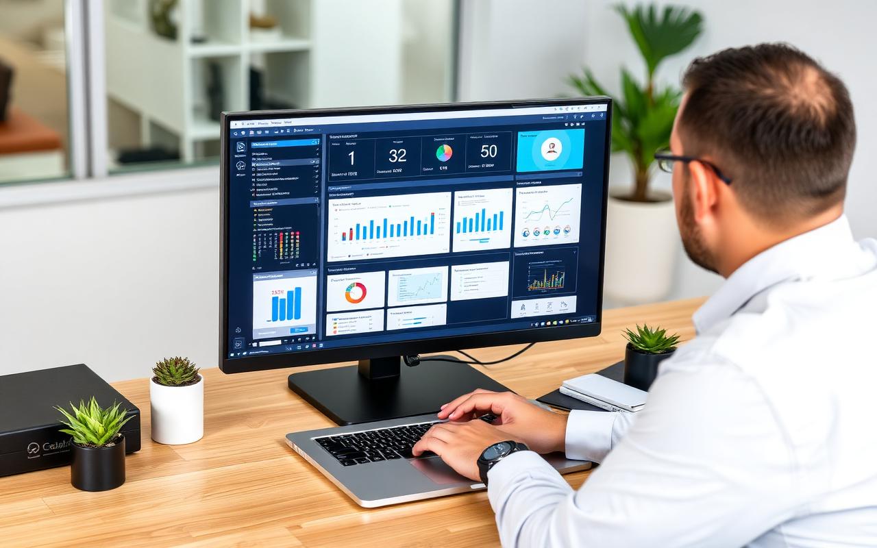 CRM consultant integrating business software on a laptop and external monitor