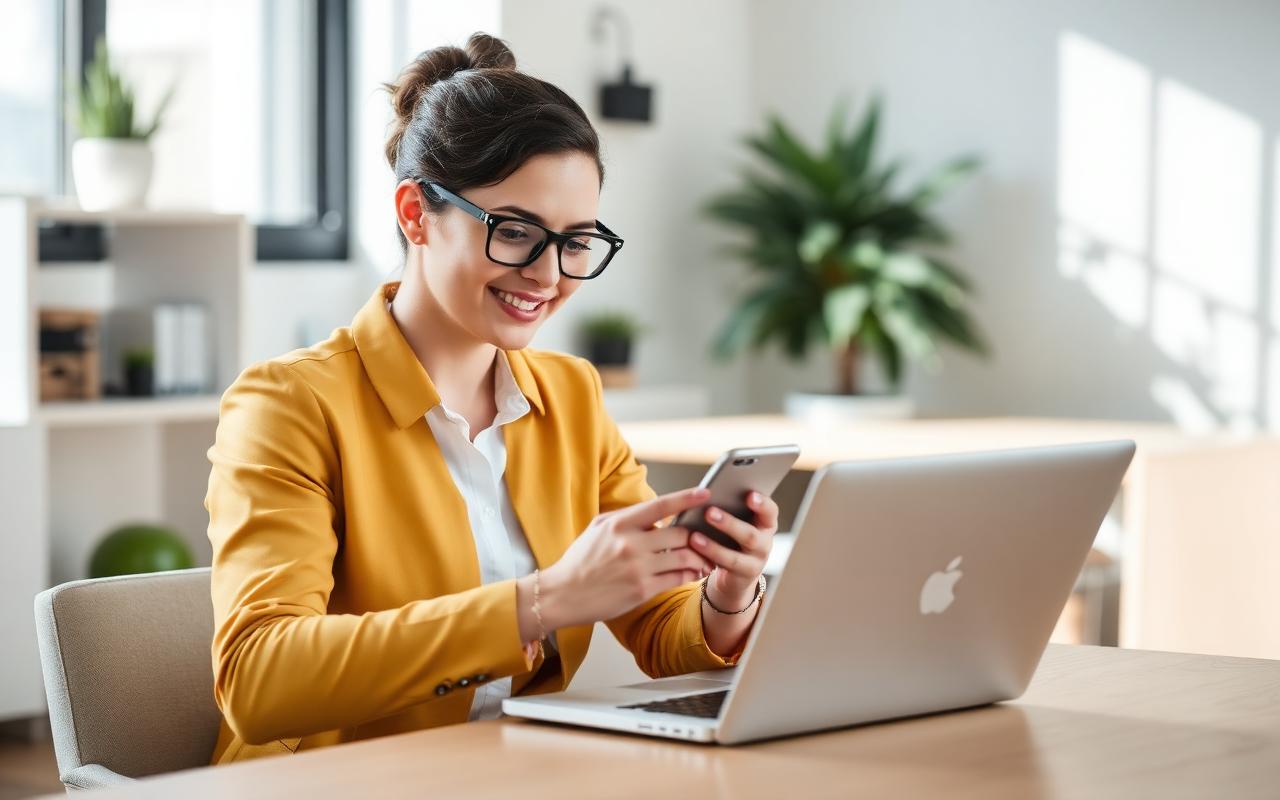 Marketing specialist managing an Instagram ads campaign on a phone and laptop