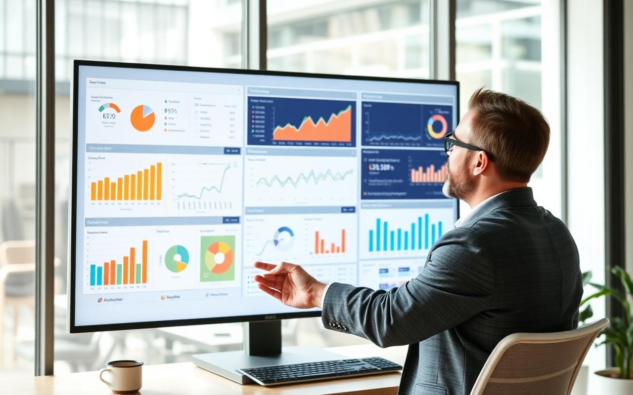 Marketing analyst reviewing KPI charts on a large analytics dashboard monitor