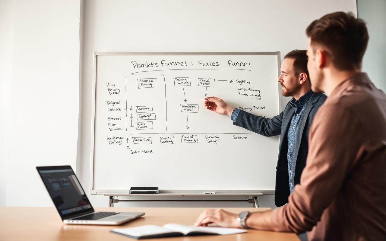 Marketing strategist mapping a sales funnel on a whiteboard beside a laptop