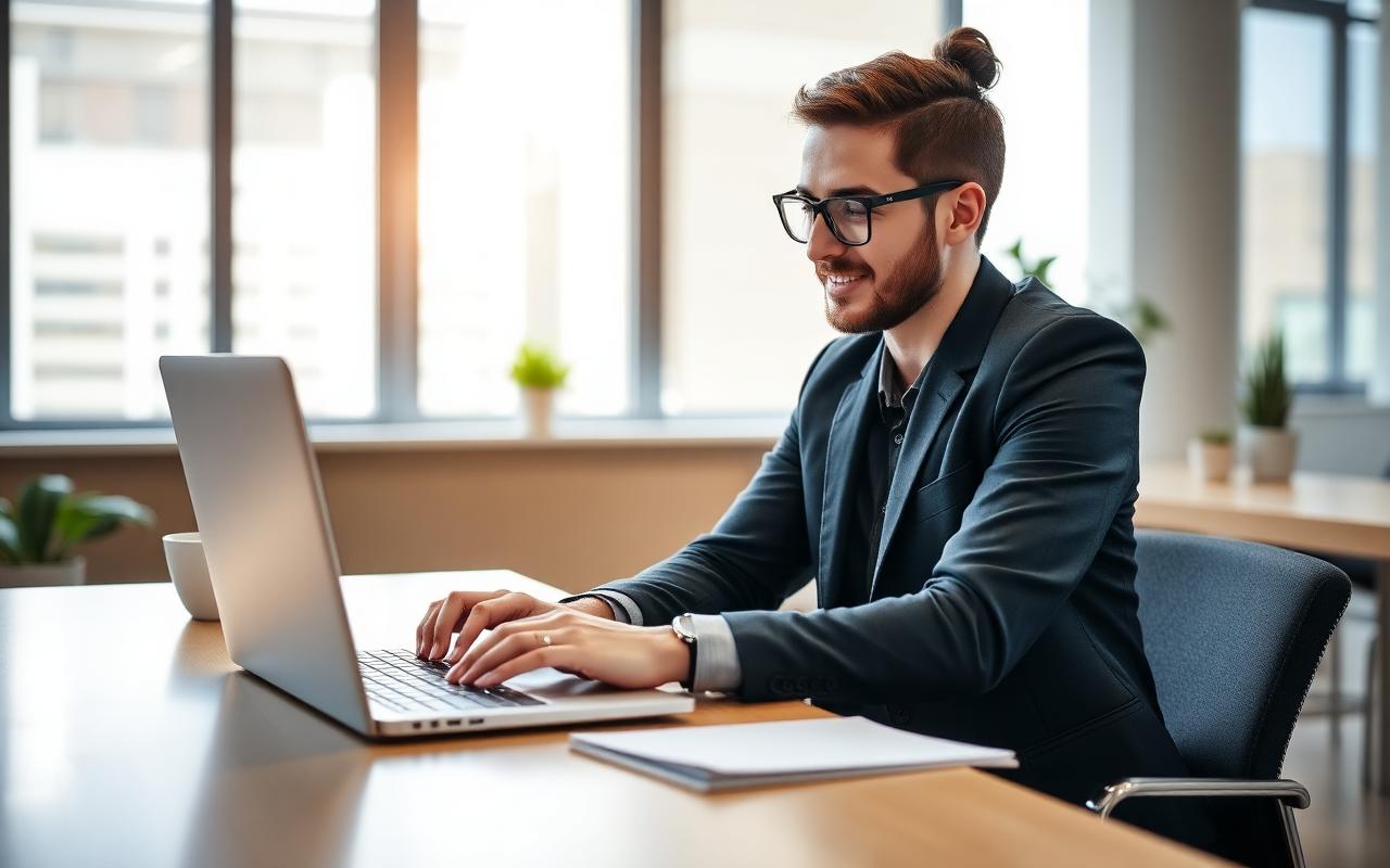 Social media manager planning content on a laptop in a modern office